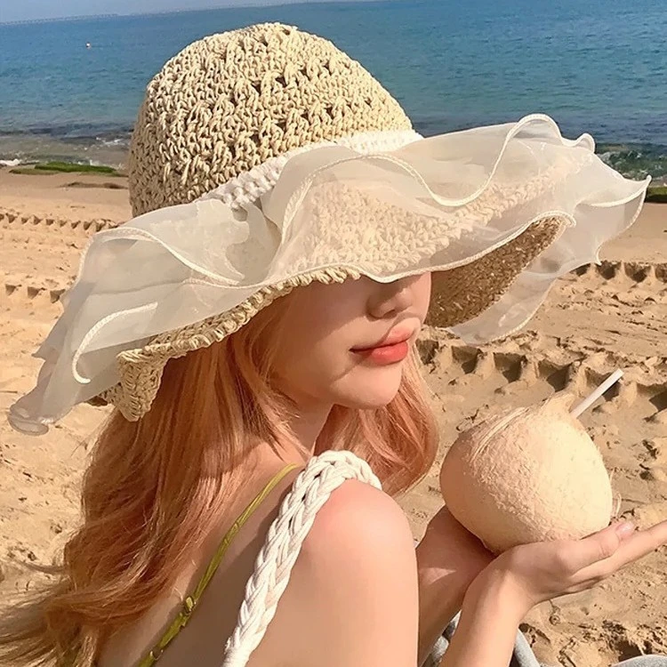 蕾丝蝴蝶结遮阳帽可折叠草帽女夏季防晒帽盆帽镂空钩针帽太阳帽子