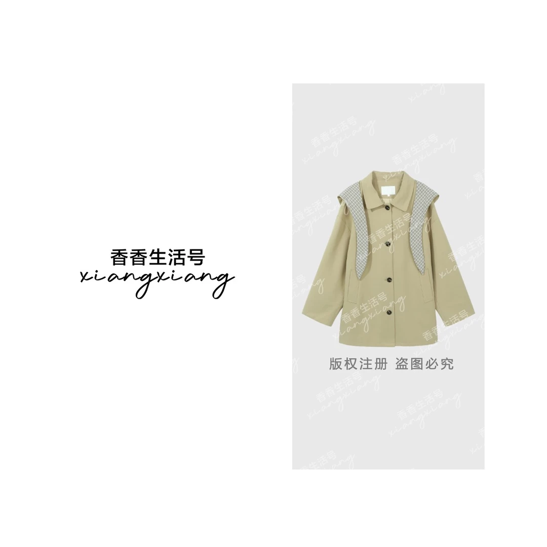 【香香严选】“首尔街头”2025秋季琥珀流光风衣格纹披肩外套DM231