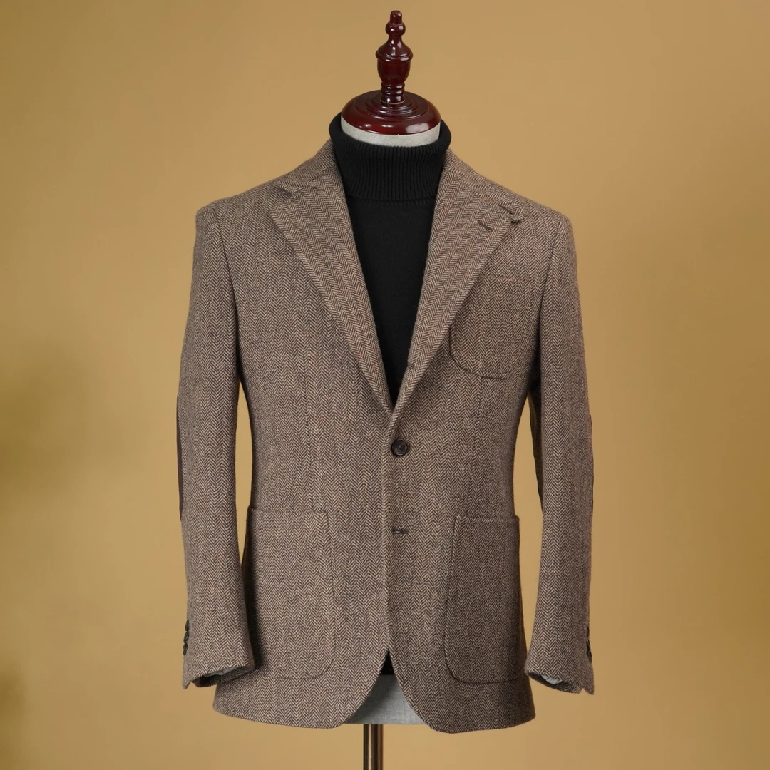 【咖色Safari猎装西服】人字纹厚款夹克外套秋冬休闲毛呢男士单西装