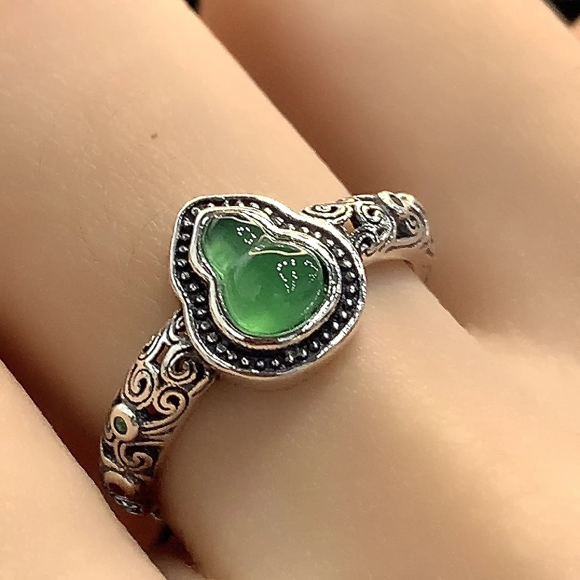 个性复古卷草绿玉髓葫芦戒指