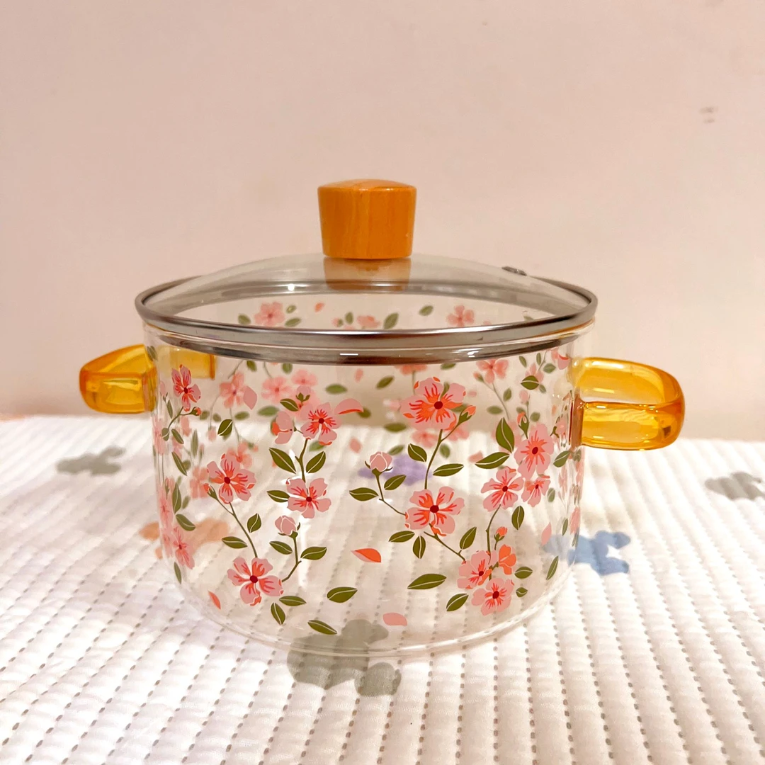 家用粉花高硼硅带盖泡面碗炖汤煲双耳碗煤气加热煲可明火