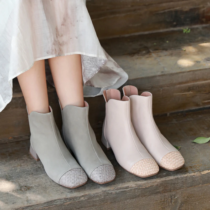 福利牛皮单靴方头编织拼接真皮粗低跟时尚复古女短靴秋季瘦瘦靴