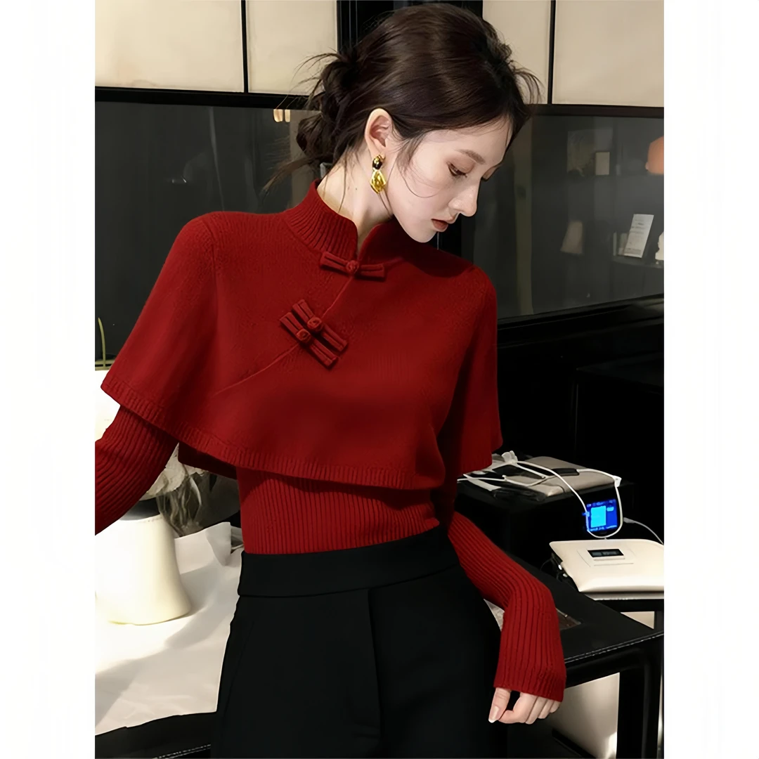 新中式斗篷盘扣毛衣打底女冬季季高级感上衣轻熟气质巨好看针织衫