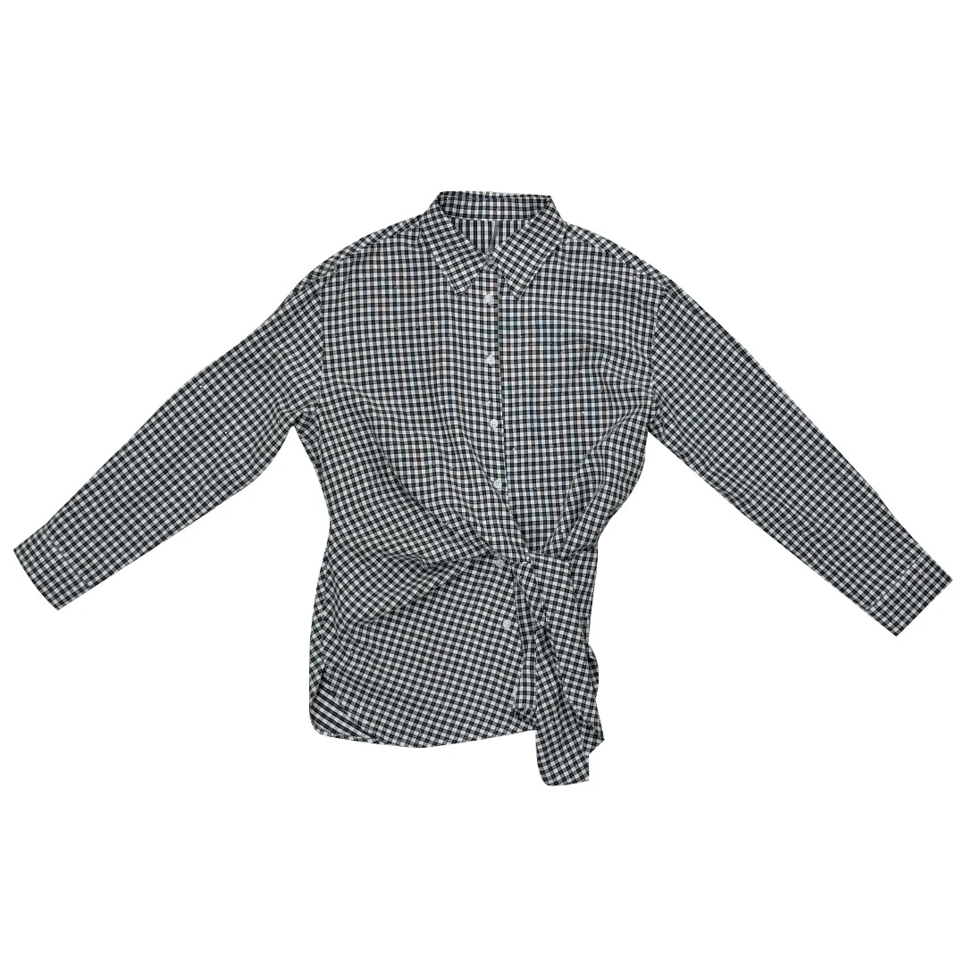 编码【A30】2025新款收腰不规则系带显瘦烫钻格子衬衫L251086