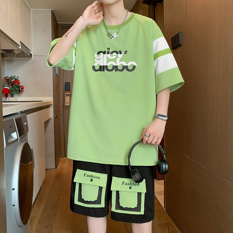 青少年学生夏季短袖T恤男孩港风宽松潮流薄款短袖短裤套装