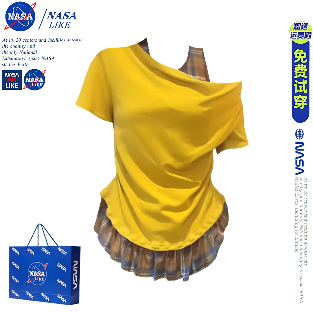 NASA韩版复古荡领格纹拼接假两件挂脖短袖t恤女夏季别致修身上衣