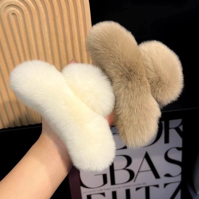 秋冬真獭兔毛大号抓夹15cm韩式气质毛绒鲨鱼气质刘亦菲同款发饰