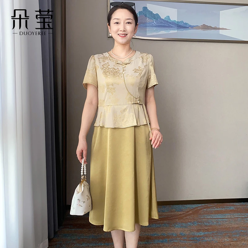 气质妈妈夏装新中式洋气假两件连衣裙2025新款中年女中老年国风裙
