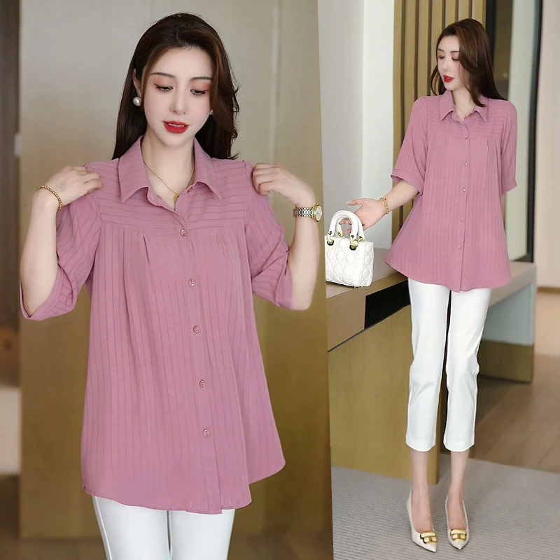 中长款短袖条纹衬衫女2025夏季新款宽松大码上衣加宽加大女装衬衣