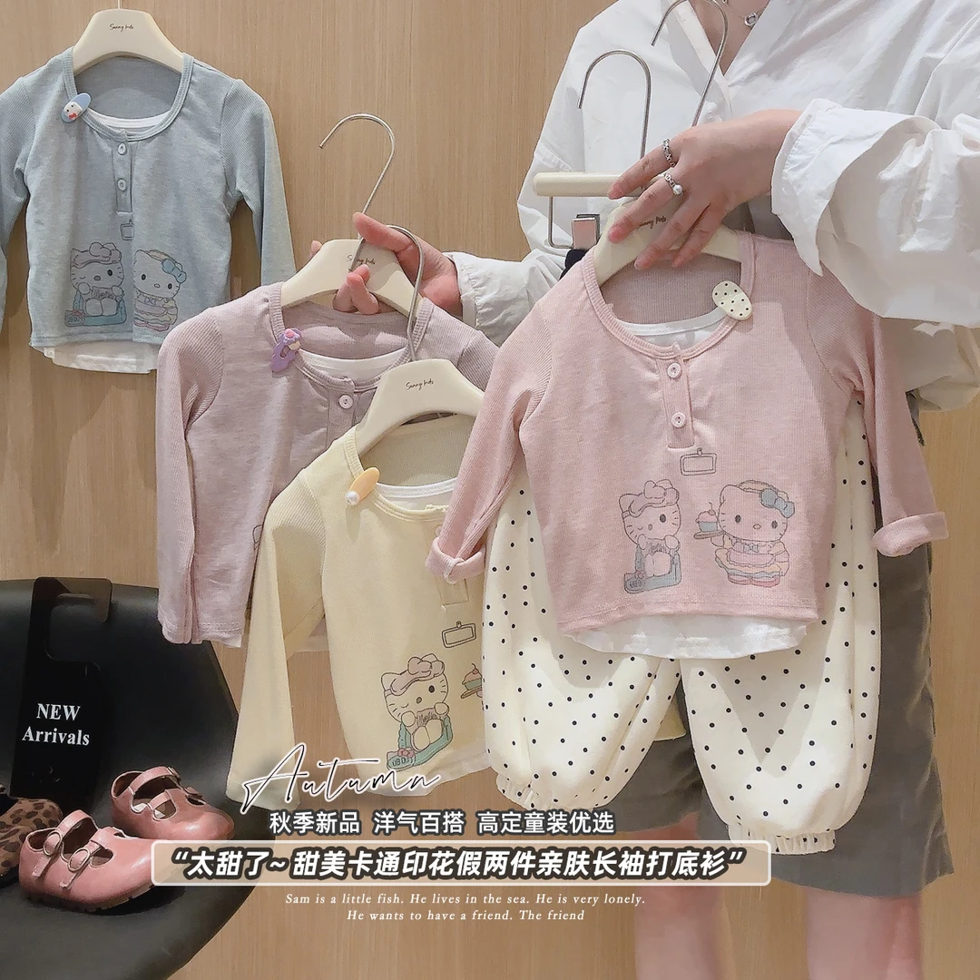 儿童假两件女童春秋款长袖T恤宝宝纯棉内衬打底衫人棉开门襟上衣