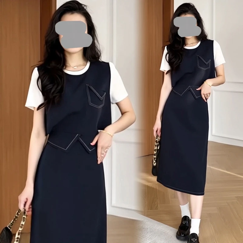 2025新款夏季假两件上衣半身裙套装女休闲收腰减龄时尚搭配两件套