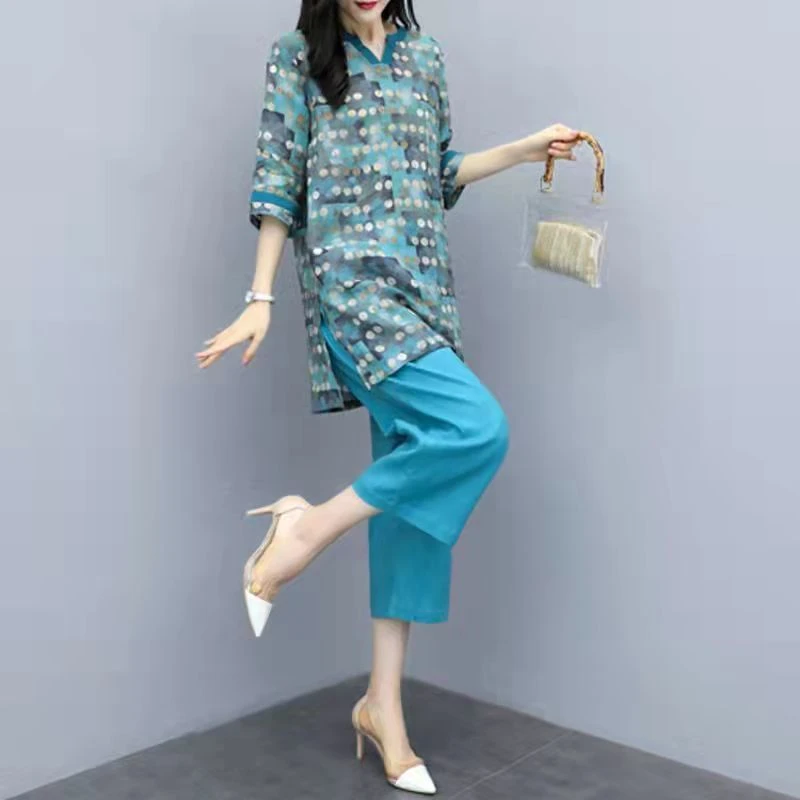 中老年妈妈七分阔腿裤两件套新款夏季洋气棉麻亚麻中式短袖套装