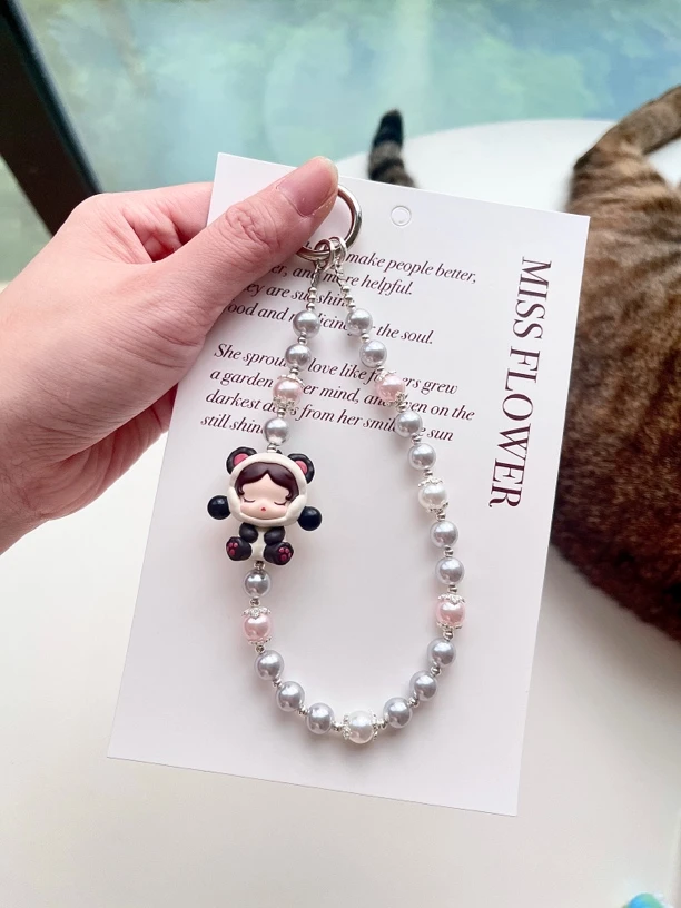 【大熊猫SP】原创设计高级灰珍珠手机链短链钥匙扣包挂通用挂饰包挂