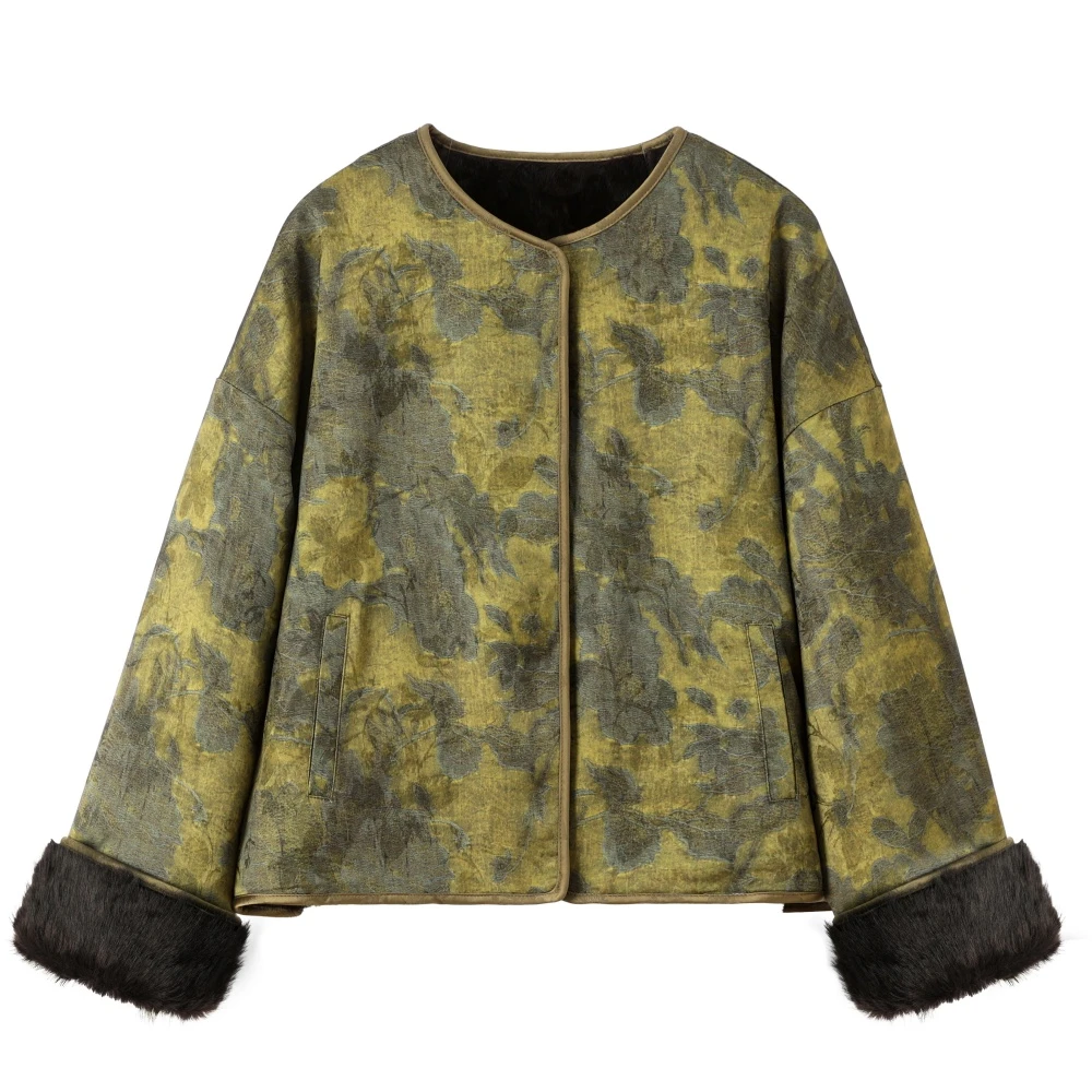 短款新中式长袖皮毛外套织锦缎提花香云老料两面穿秋冬季-8833绿