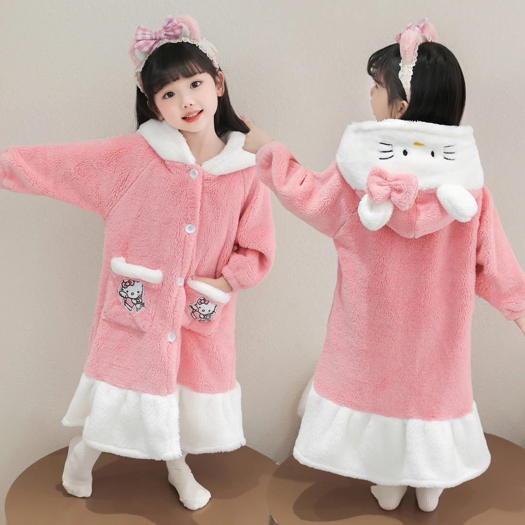 珊瑚绒儿童睡袍宝宝可穿式浴巾连帽睡衣女孩秋冬款法兰绒女童浴袍