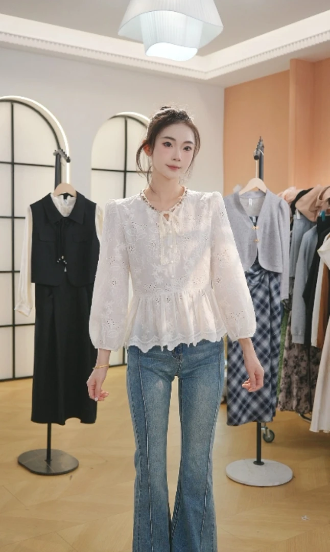 F3018娃娃衫女2025秋新款蝴蝶结灯笼袖衬衫