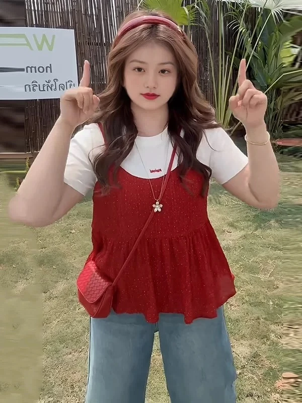 大码法式红色波点短袖T恤夏季新款胖mm荷叶边显瘦假两件短款上衣