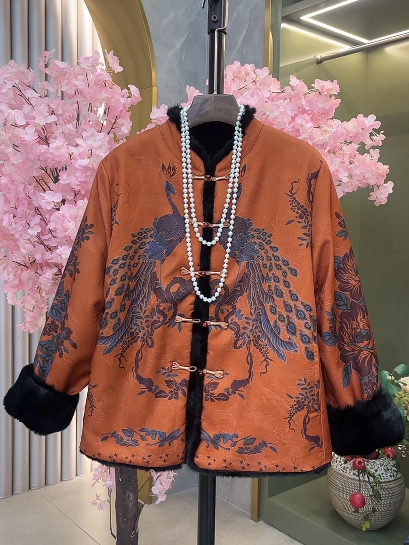 2025冬季上新新中式国风两面穿貂绒外套孔雀