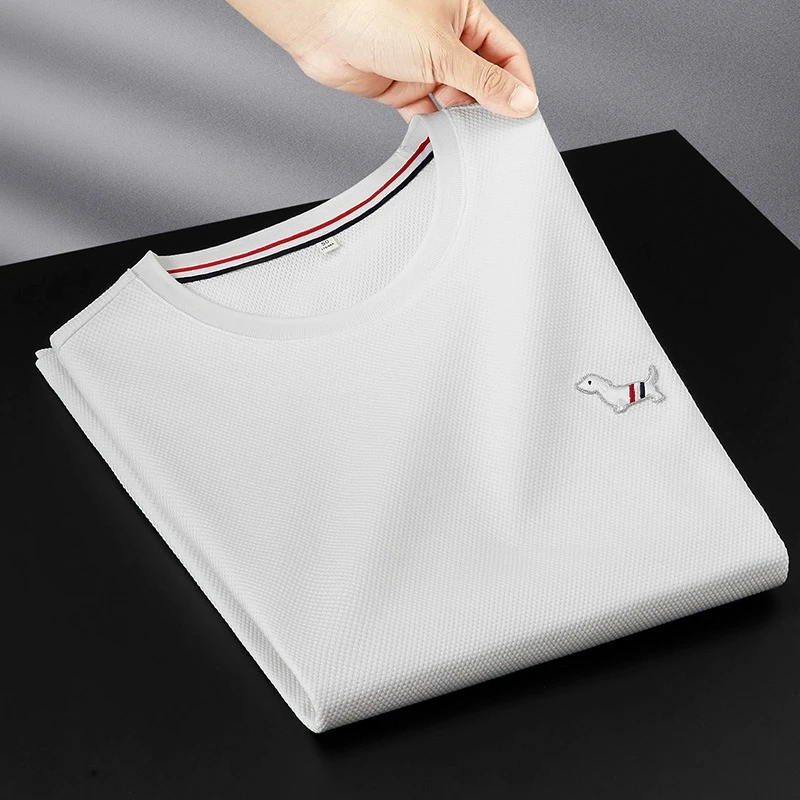 高端白色短袖t恤男士夏季荔枝纹透气欧货刺绣小狗圆领薄半袖T恤