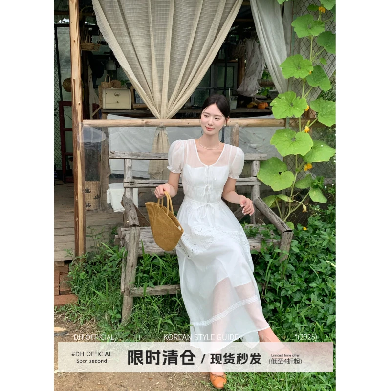 清 DH OFFICIAL 大花【云画月光 white】温柔真两件蕾丝拼接连衣裙