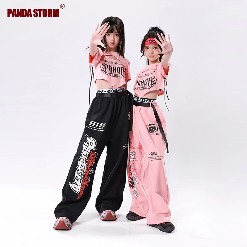 熊猫风暴儿童街舞套装女童jazz美式短袖T恤背心爵士舞服表演出潮