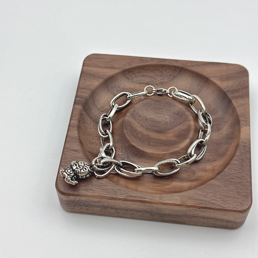 足银手链 貔貅银9999手链个性复古女情侣粗犷大气手窜做旧转运珠