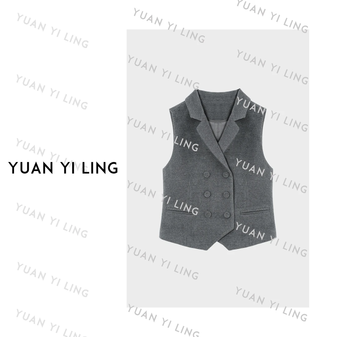 袁艺灵【经典格雷】澳毛天丝复古摩登双排扣西装马甲9345