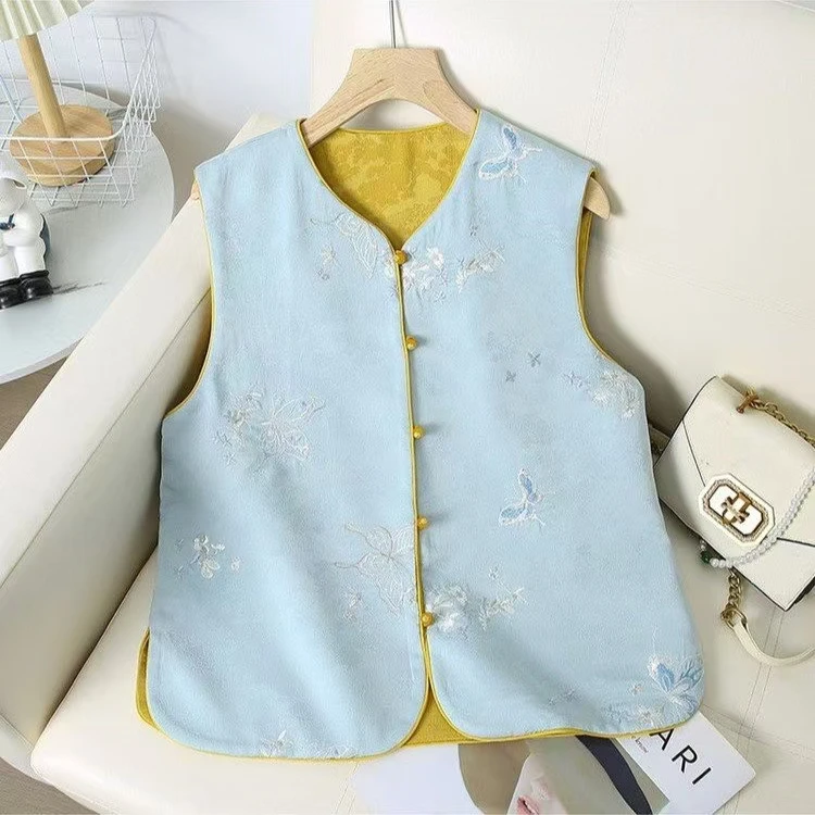 2025中式盘扣马甲两面双面圆领提花新款国风刺绣坎肩上衣背心
