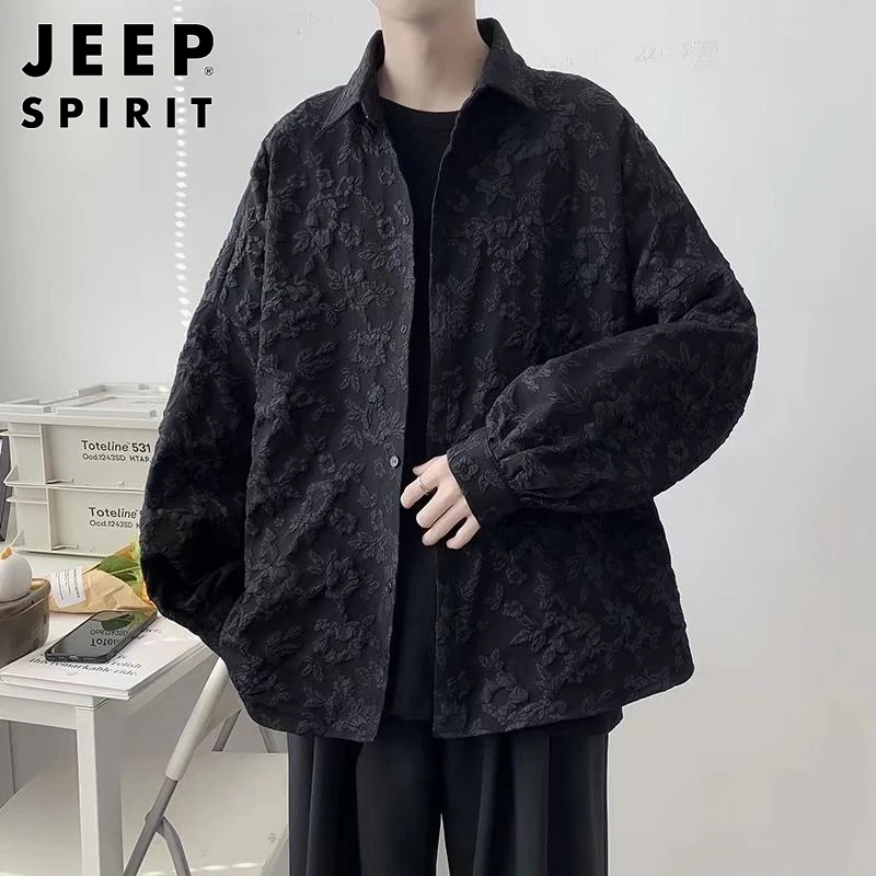 JEEPSPIRIT浮雕压花衬衫男士秋季新款港风潮流设计感休闲长袖衬衣