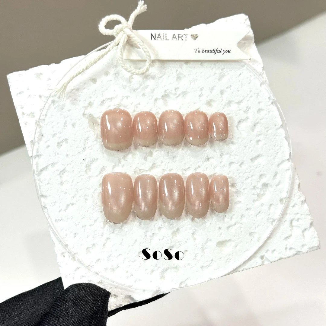 Nice SoSo【月瓷】纯手工穿戴甲纯欲手绘法式玻璃珠光猫眼裸色冰透