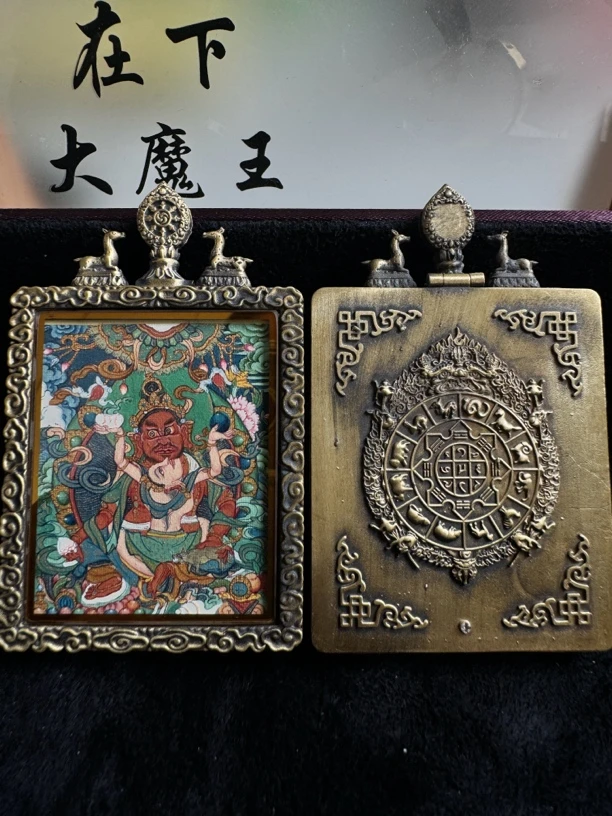 藏卡纯手绘红财神配复古银色纯手工盒唐卡