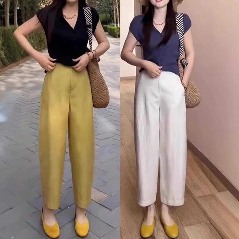 休闲高腰哈伦裤女夏季薄款梨形身材小个子宽松遮胯显瘦九分气球裤