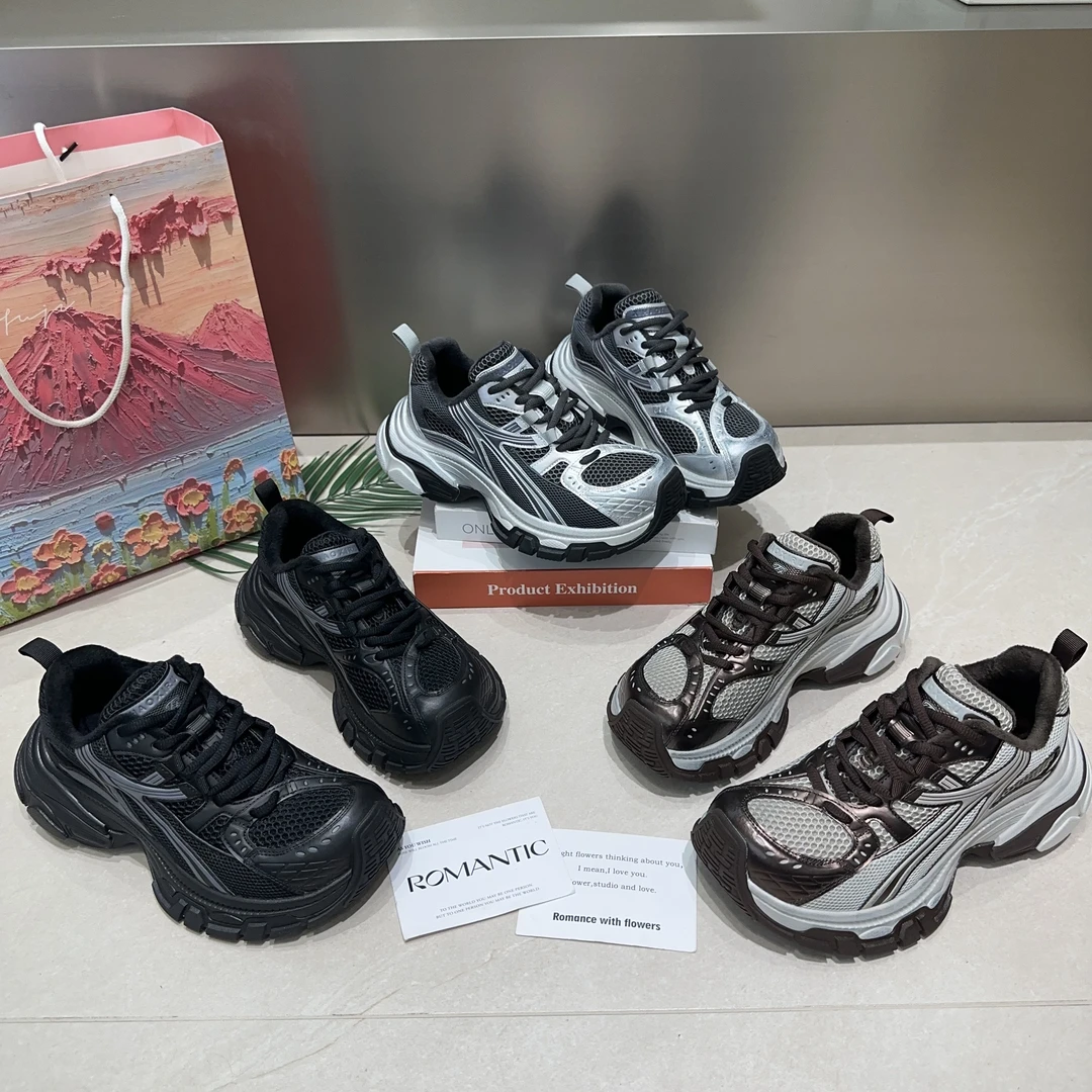 新品2025秋冬真皮加绒防滑厚底老爹鞋女网面透气增高休闲运动鞋