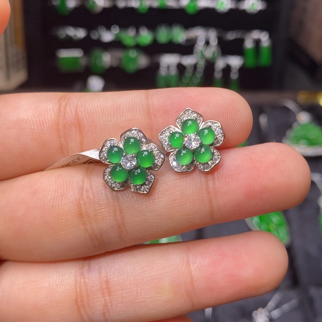 银S925镶嵌翡翠耳饰天然翡翠