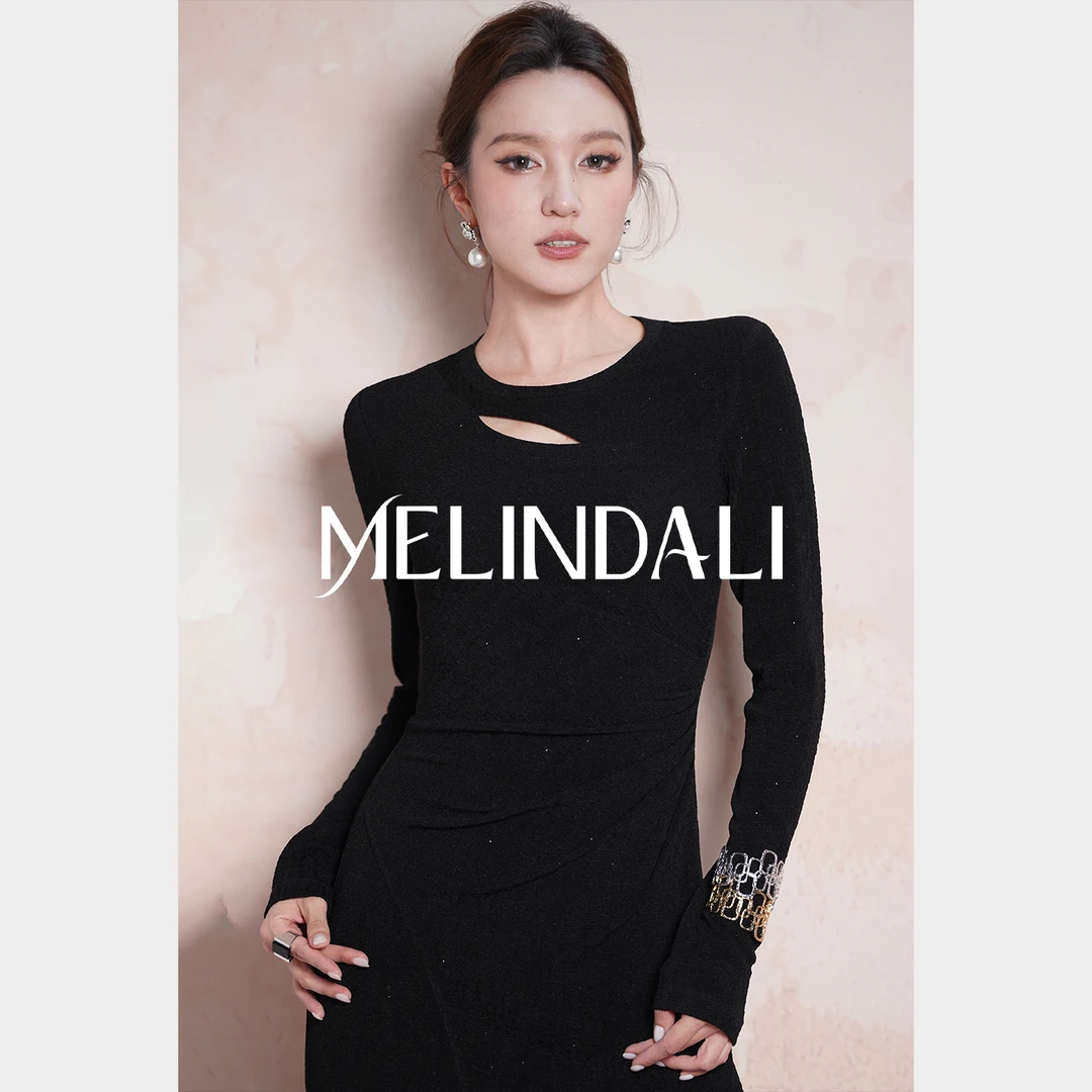 Melinda Li【氛围时刻】细闪亮片醋酸肌理感收腰针织连衣裙宴会裙子