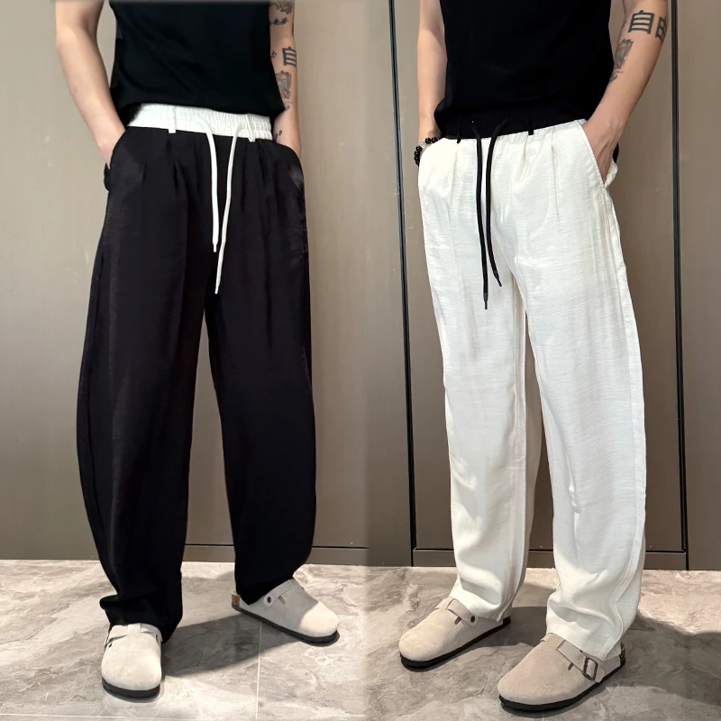 2025夏季薄款潮牌拼色亚麻透气休闲裤男士宽松青年痞帅直筒弯刀裤