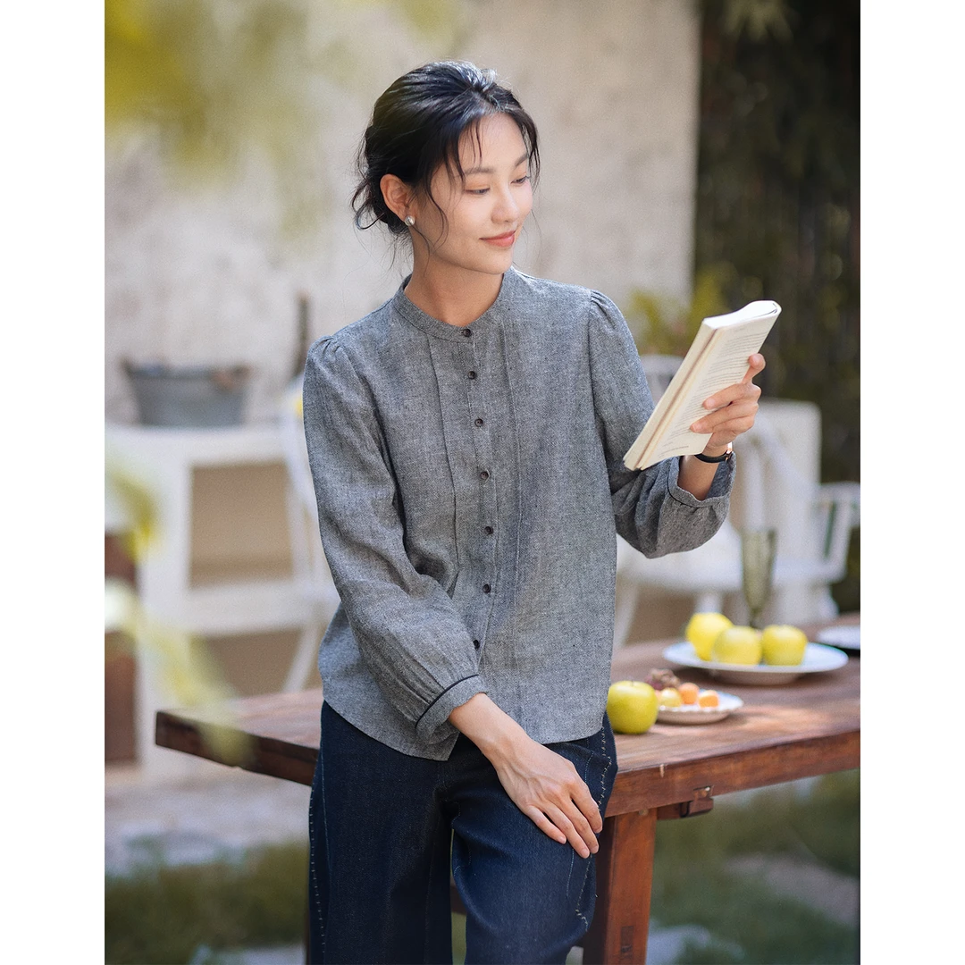 红念灰色天丝亚麻衬衫女长袖秋季新款女装气质外穿宽松休闲上衣