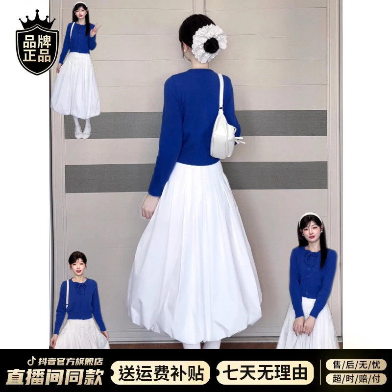 蓝色毛衣针织连衣裙子女秋冬2025新款韩系千金穿搭设计感套装长裙