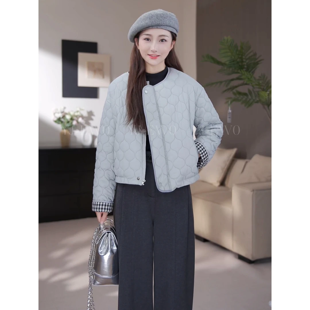 【小爽小个子】冬季新款休闲百搭短款圆领菱格薄款棉服-7096