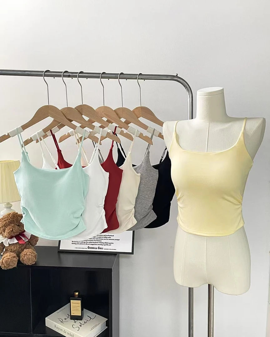 纯欲甜辣设计感褶皱吊带背心女外穿内搭带胸垫修身美背上衣夏