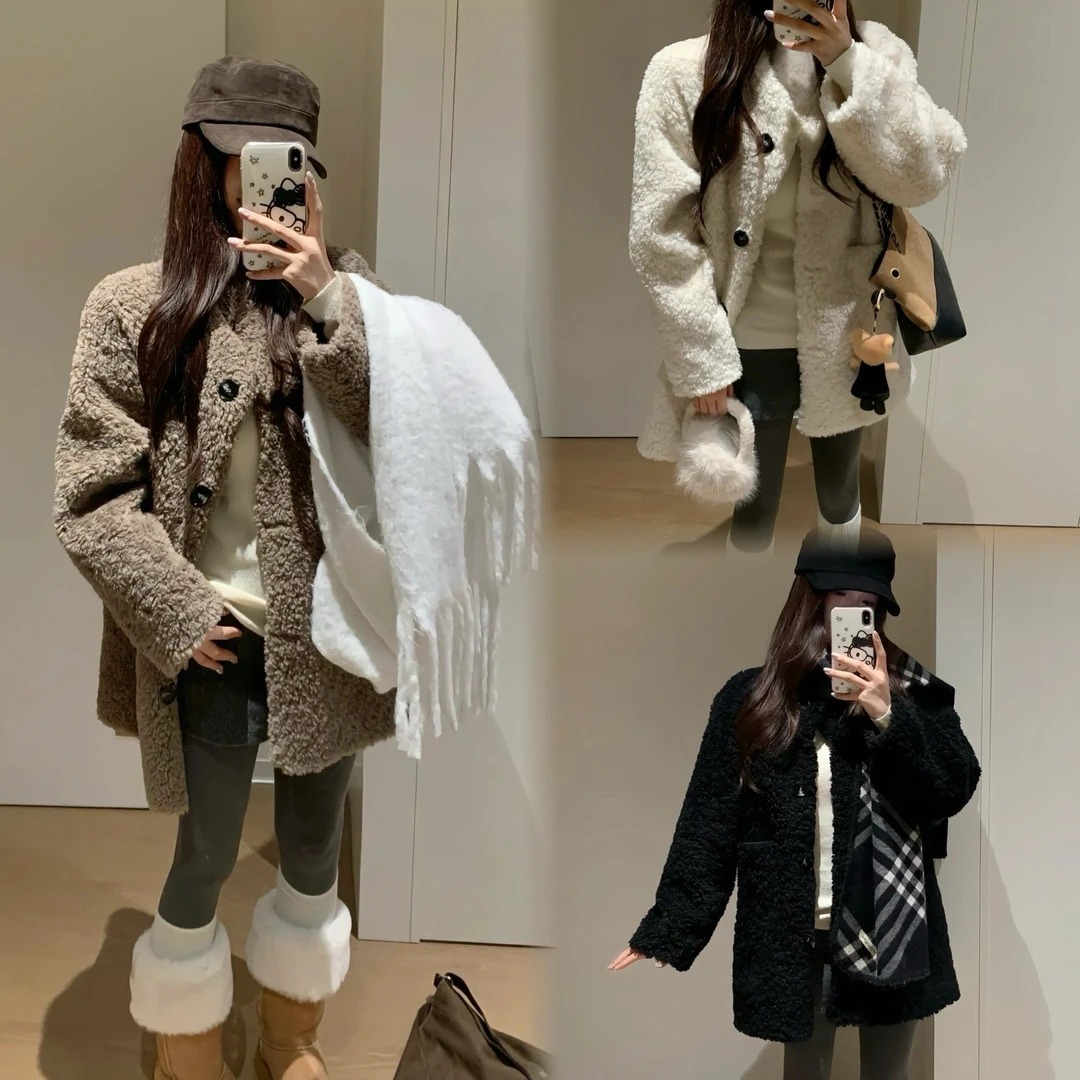 新款韩系慵懒风大码宽松显瘦中长款加厚皮毛一体外套