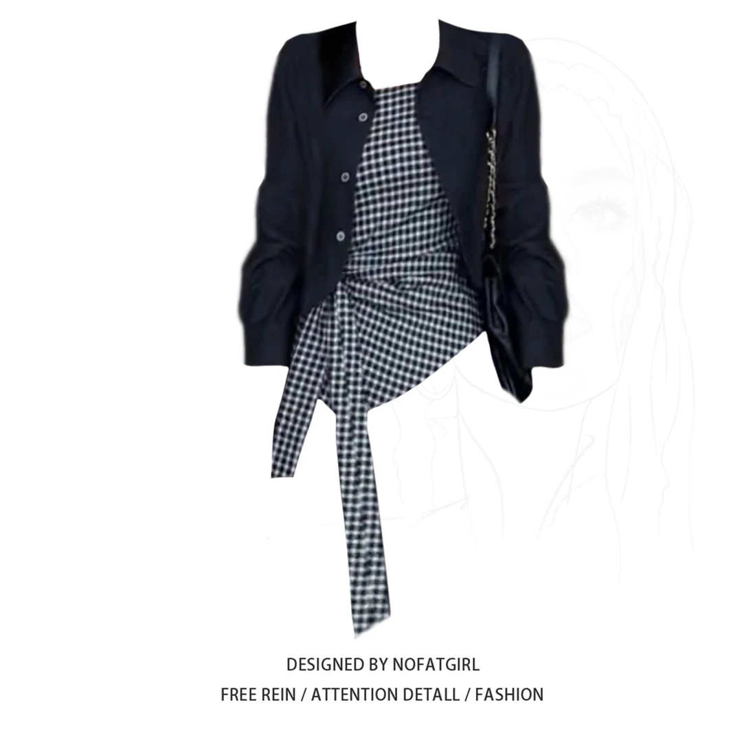 大码胖MM韩系休闲穿搭格子吊带背心百搭短外套巨显瘦两件套女