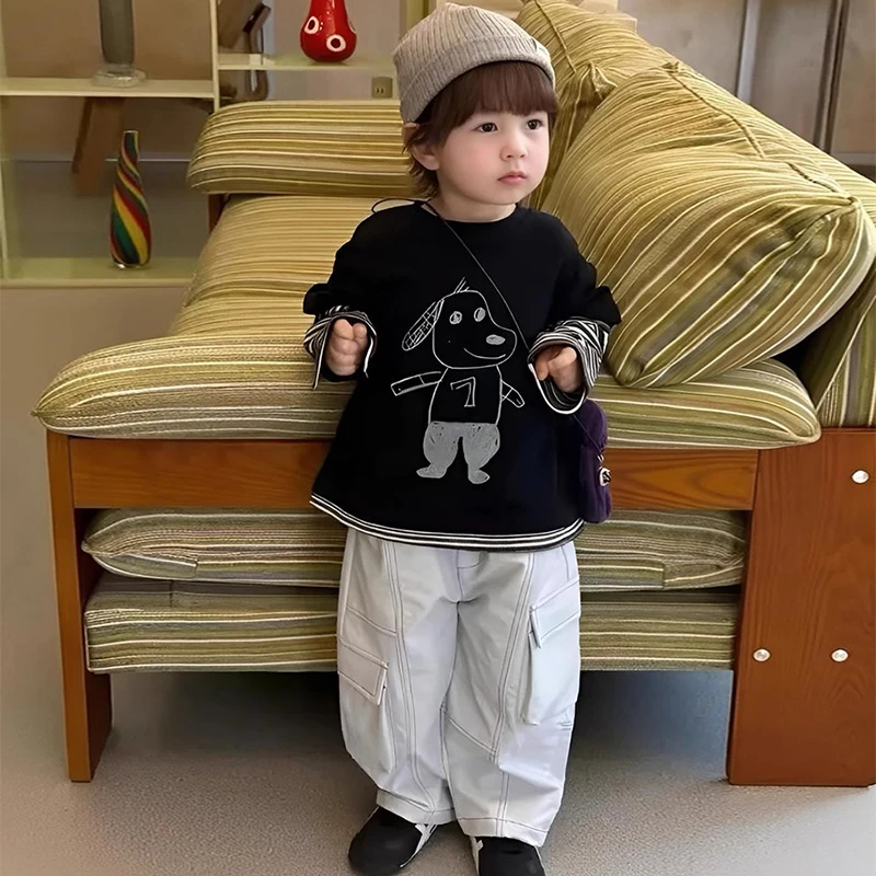 儿童T恤男假两件秋季新款小童卡通上衣洋气宝宝条纹打底衫女长袖