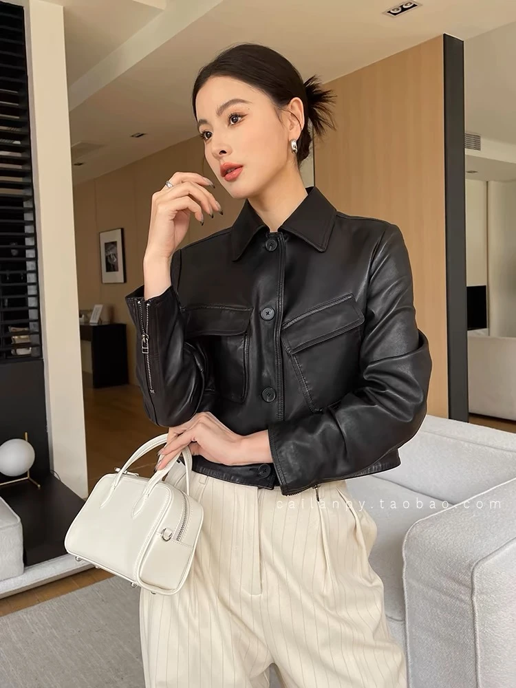 进口真皮头层油蜡牛皮女短款休闲夹克外套2025春秋小个子海宁皮衣