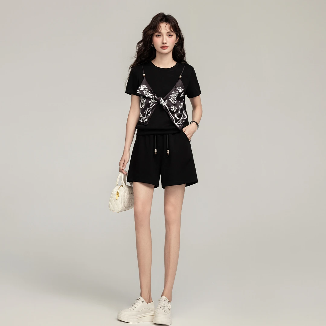 女装夏装套装2025新款爆款假两件短袖短裤洋气气质显瘦休闲两件套