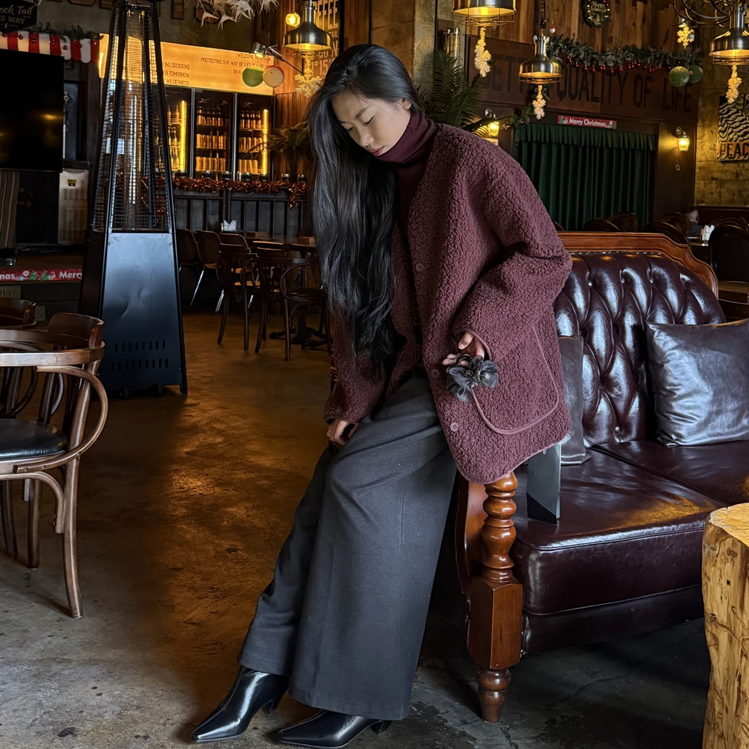 仿羊羔外套长袖休闲常规款V领秋冬加厚