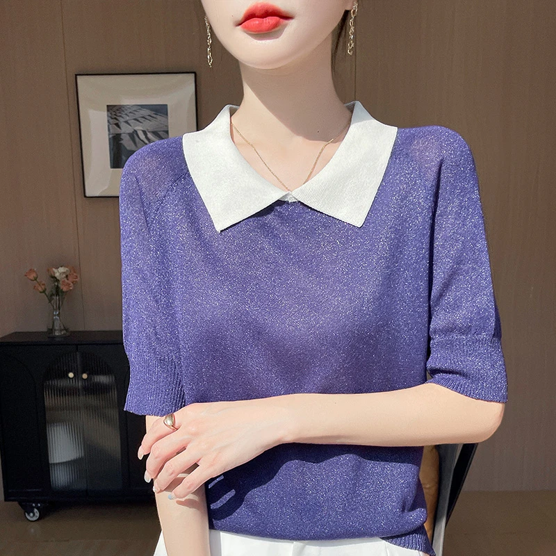 哥弟阿玛施正品新款莱赛尔天丝亮丝撞色针织衫通勤简约百搭上衣女
