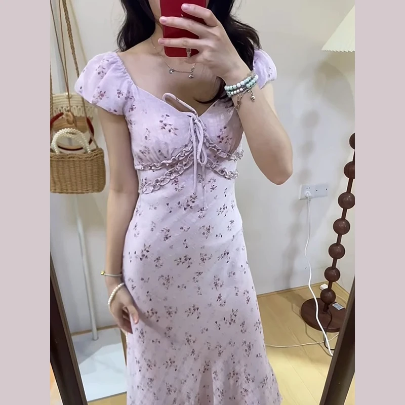 3205法式绝美V领碎花连衣裙子女夏季2025新款今年流行爆款长裙子