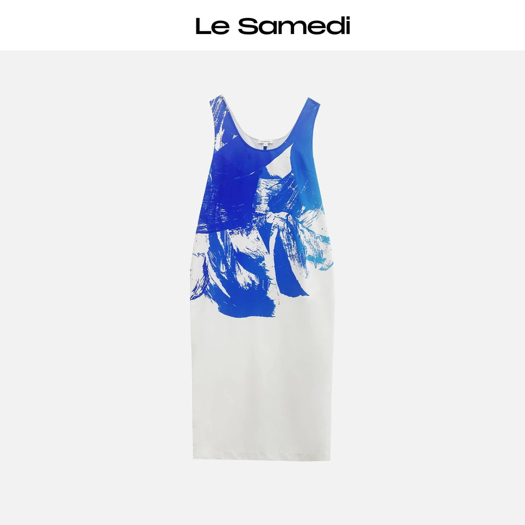 Le Samedi【空净蔚蓝】艺术印花系列海洋流动 丝棉无袖茧型连衣裙