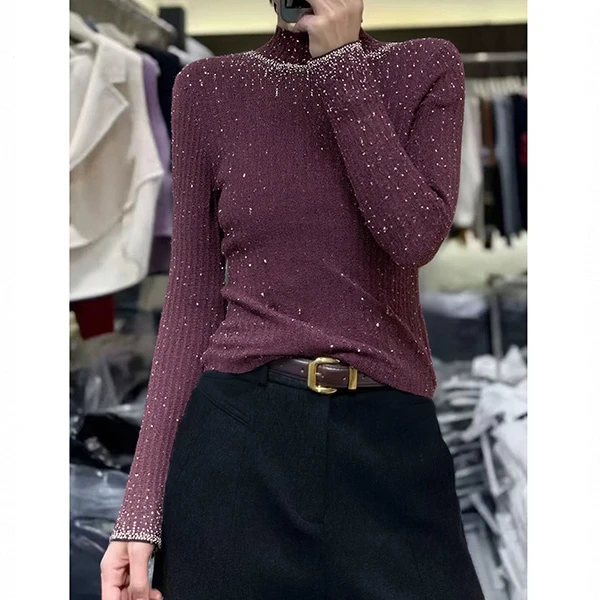 高货~胸84-150长61星空烫钻亮闪长袖套头针织上衣 3258